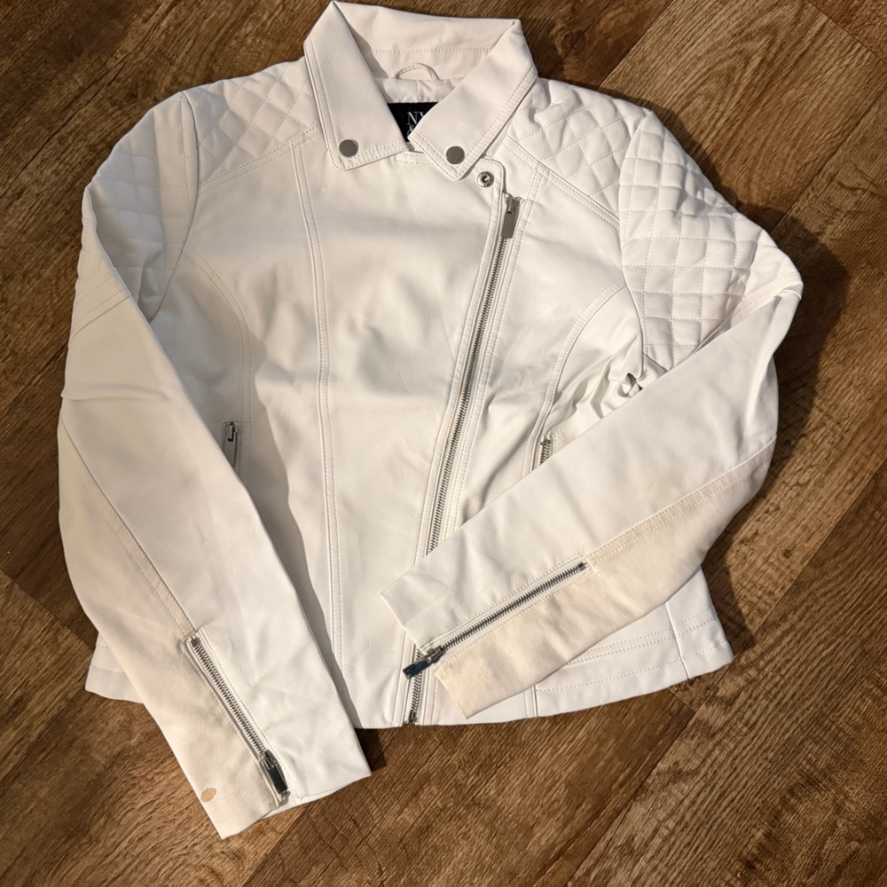 New York & Company White Quilted Leather Moto Jacket